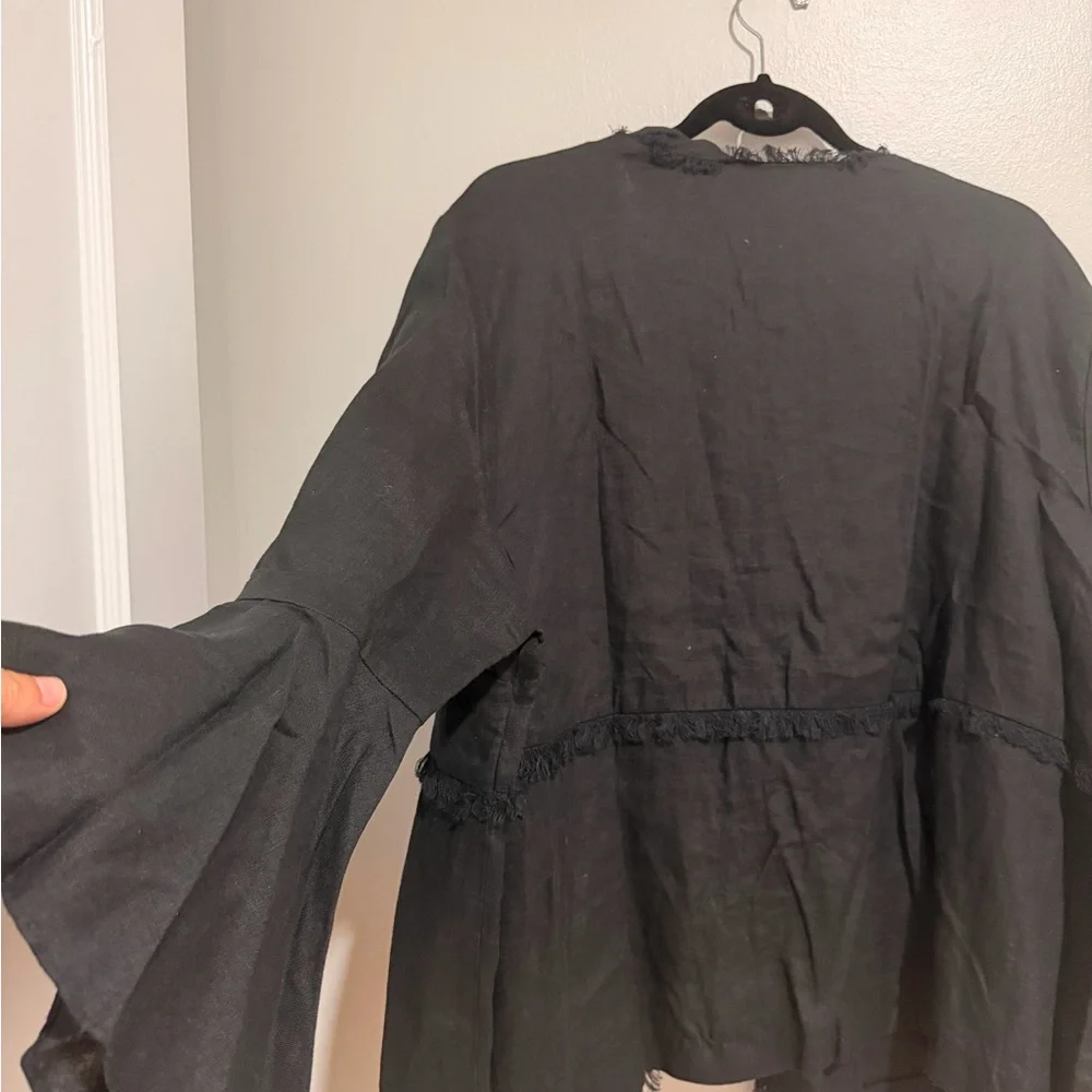Chico's Linen Black Fringe Trim Bell-Sleeve Jacket - Picture 14 of 16